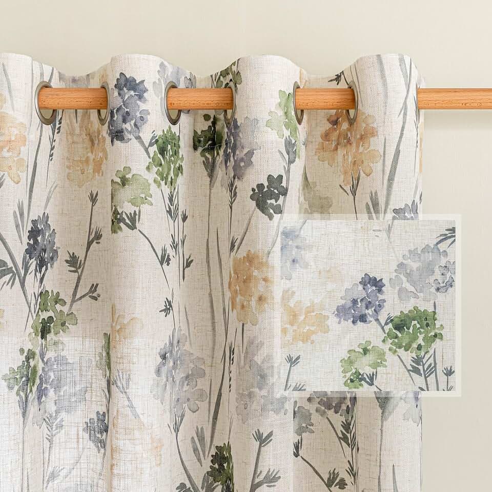 MYSKY HOME Sage Green Floral Linen Spring Curtains 95 inch Long 2 Panels Set Semi Sheer Light Filtering Farmhouse Flower Pattern Grommet Top for Living/Dining Room, 52" W Each Panel