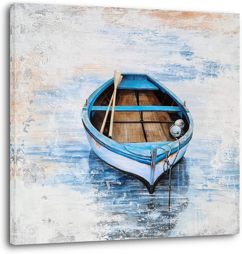 YHSKY ARTS Coastal Canvas Wall Decor Hand Painted Light Blue Sailing Boat Painting Square Pictures Modern Abstract Nautical Artwork for Living Room Bedroom Bathroom Decoration
