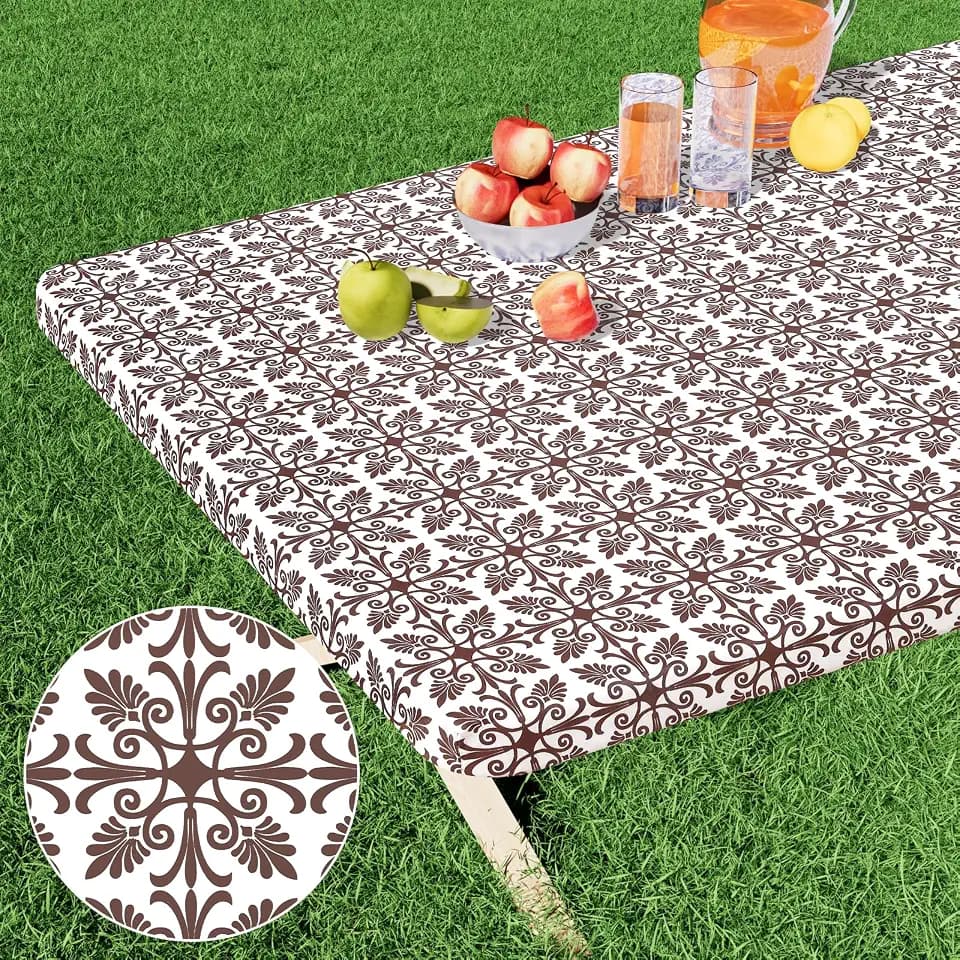 misaya Rectangle Vinyl Table Cloth, Elastic Fitted Flannel Backed Tablecloth, 100% Waterproof Plastic Table Cover Fits 8 Foot Folding Tables for Picnic, Camping, Outdoor (Coffee, 30" x 96")