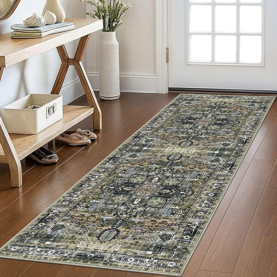 KOZYFLY Runners for Hallways 2x6 Ft Washable Kitchen Runner Rug Boho Runner Rug for Entryway Indoor Printed Oriental Faux Wool Floor Carpet Runner for Bedroom Kitchen Hall, Moss Green/Olive Grove