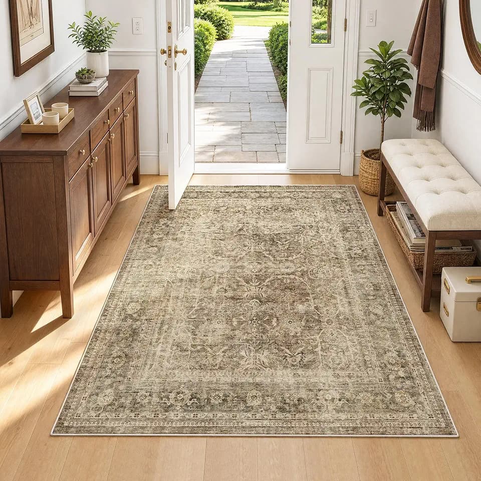 FMFUNCTEX 3x4 Washable Brown Neutral Vintage Retro Area Rug for Entryway
