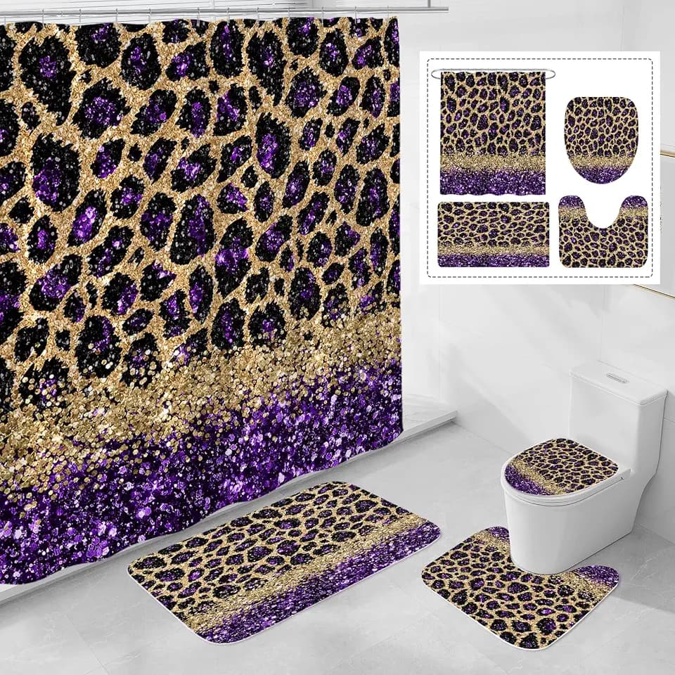 Litabel 4 Pcs Purple Leopard Print Shower Curtain Set with Non-Slip Rugs, Toilet Lid Cover and Bath Mat, Wild Animal Skin Bathroom Decor Set with Shower Curtain and Rugs(Hooks Not Included)