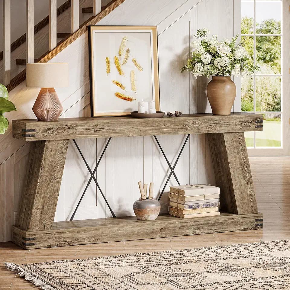 Tribesigns 70.87" Farmhouse Console Table with Storage (Light Brown Oak)