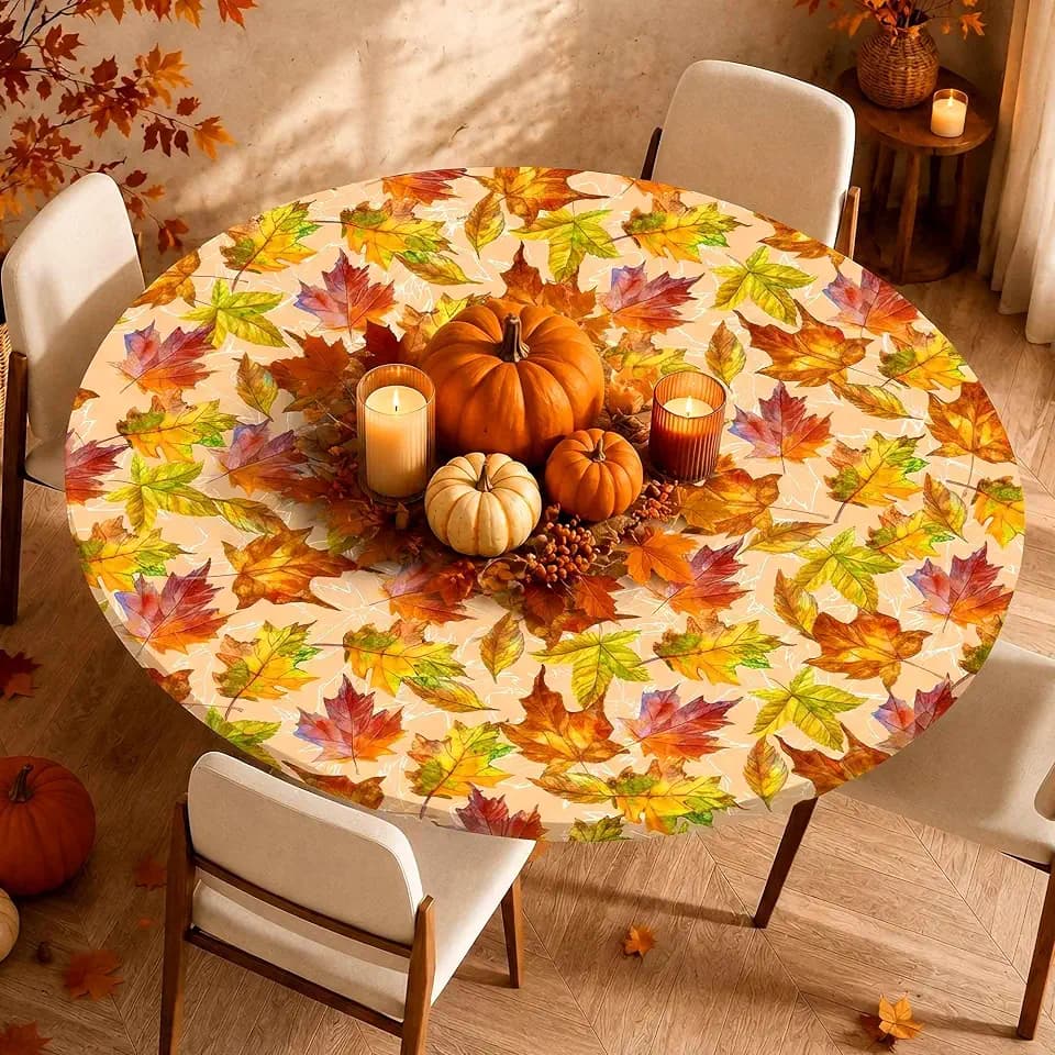 Fall Round Tablecloth with Elastic Edge, Watercolor Maple Leaf Table Cover for 45"-52" Tables, Thanksgiving Autumn Farmhouse Table Cloth, Water Resistant Dining & Party Decor