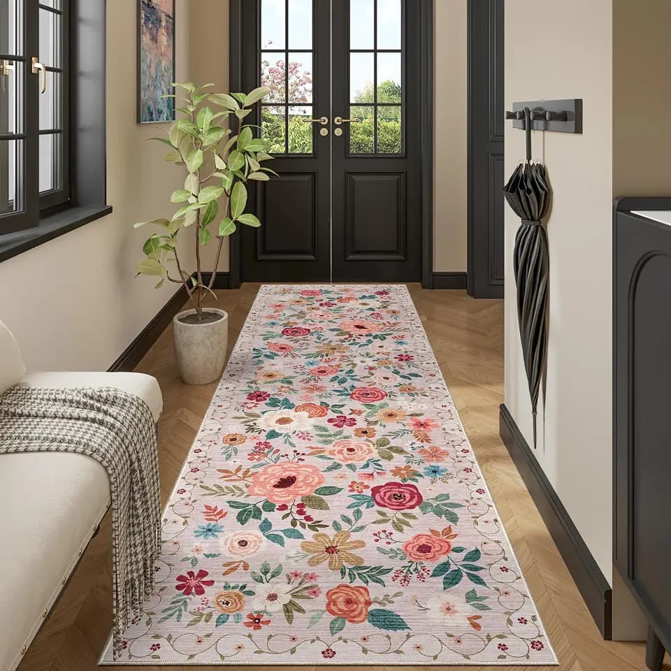 DUKINO 3x10 Runner Rug, Floral Washable Kitchen Runner Rug Non Slip, Beige