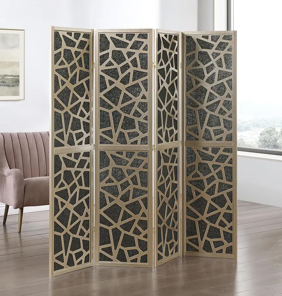 Roundhill Furniture Aurra 4-Panel Wood Room Divider, Folding Portable Partition Screen, Black Screen with Gold Frame