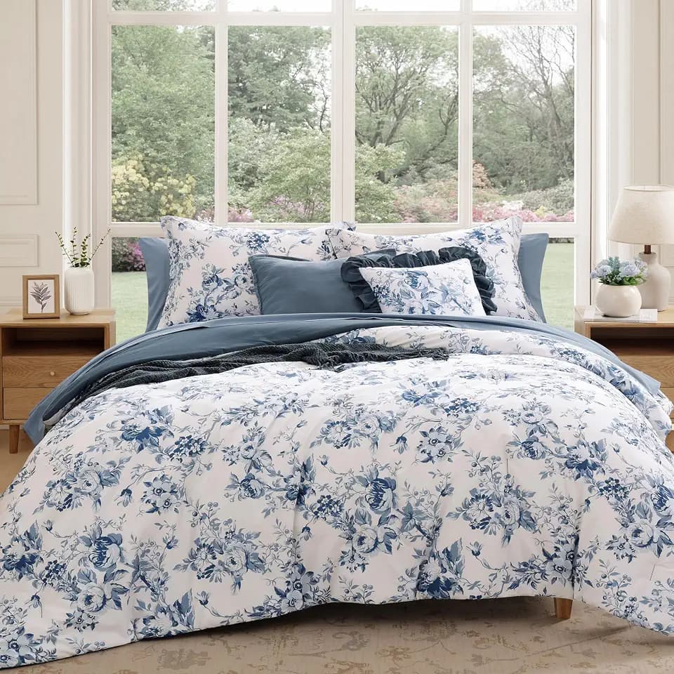 BLOOMHAVEN Oversized King Comforter Sets-7 Pieces Blue Floral Bed in a Bag