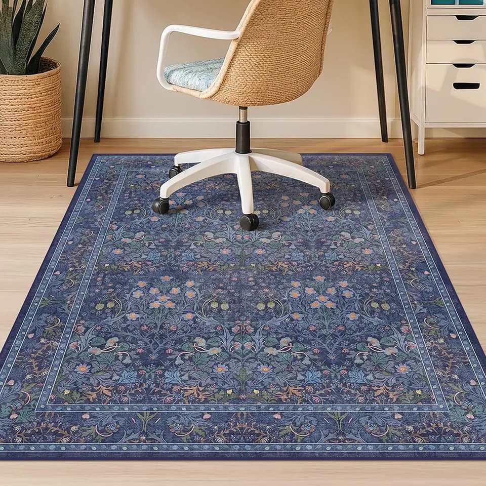 Dark Blue Office Chair Mat for Hardwood Floors, Tile Floor Protector for Heavy Duty Office Chairs, Under Desk Carpet with Anti-Slip & Stain Resistant, Ultra Soft Low Pile Washable Area Rug, 4x5
