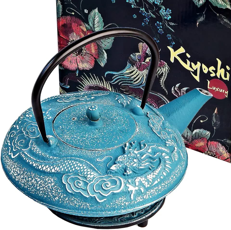 40 Oz Blue Dragon Cast Iron Teapot, Enamel Interior, Infuser & Trivet