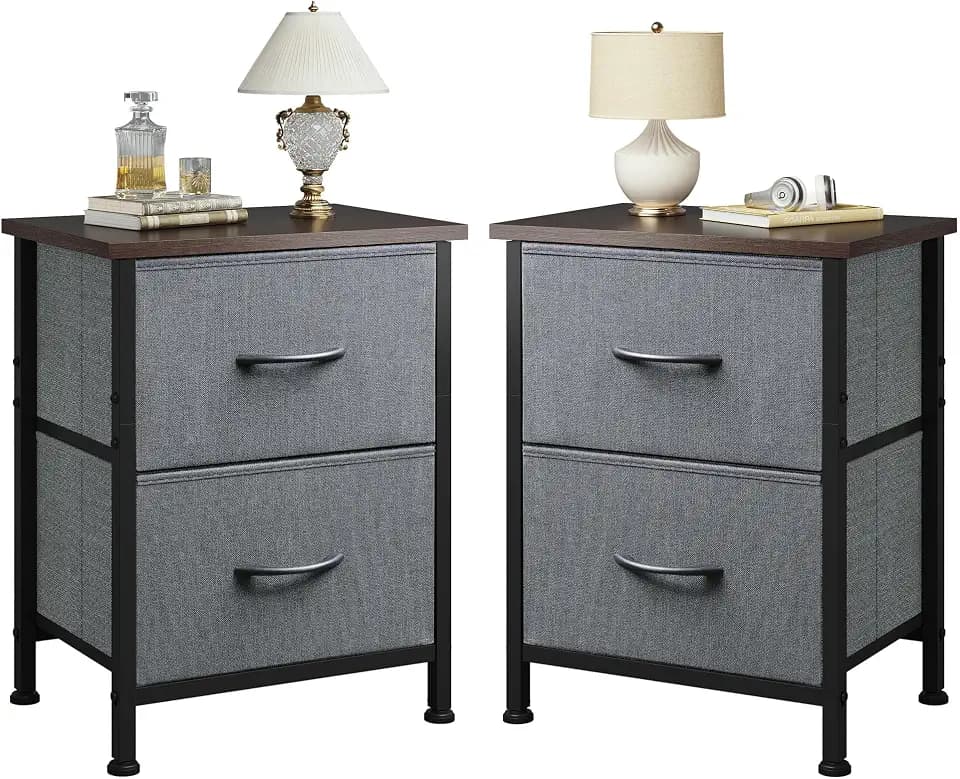 WLIVE Night Stand Set 2, Dresser and Nightstand Sets, Small Dresser for Bedroom with 2 Drawers, End Table with Fabric Bins for Closet, Bedside Furniture, College Dorm, Dark Grey