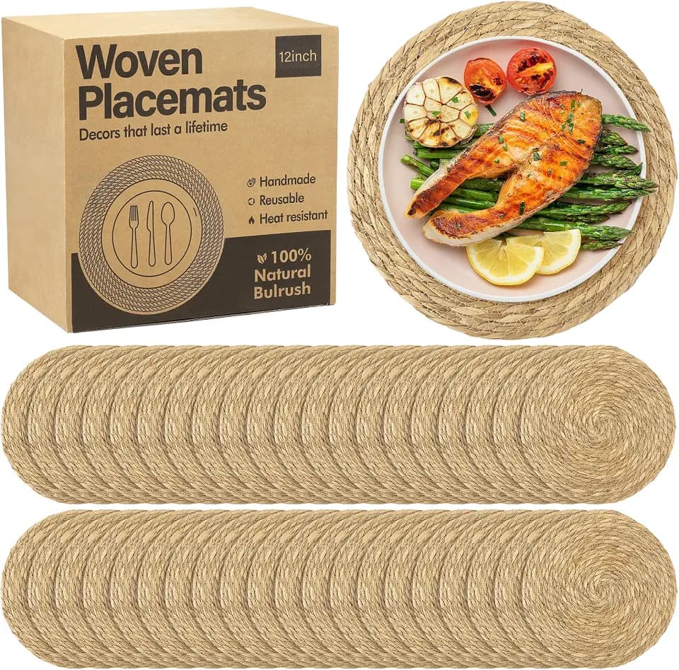 Elcoho 40 Pieces Round Woven Placemats 12 Inch Boho Rattan Placemats Farmhouse Braided Place Mats Woven Plate Chargers Rustic Wicker Table Mats for Dining Table