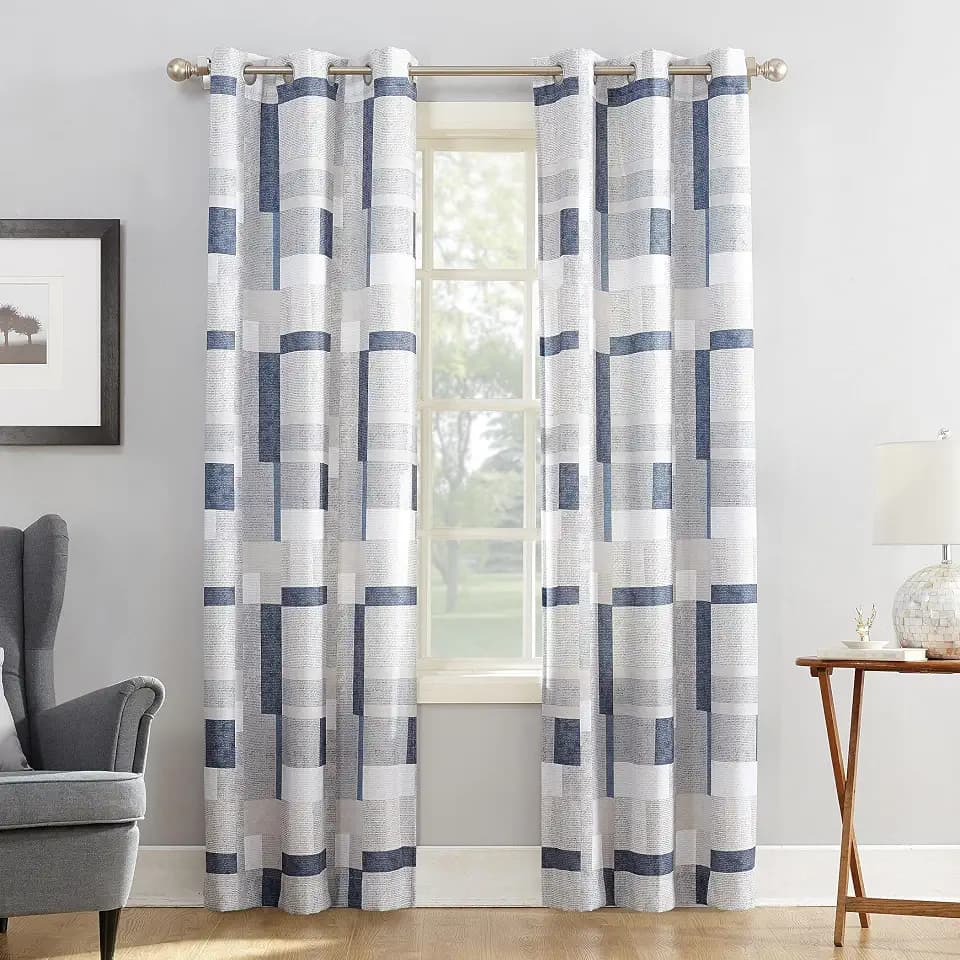 No. 918 Blockade Geometric Blocks Semi-Sheer Grommet Curtain Panel, 40" x 63, Navy