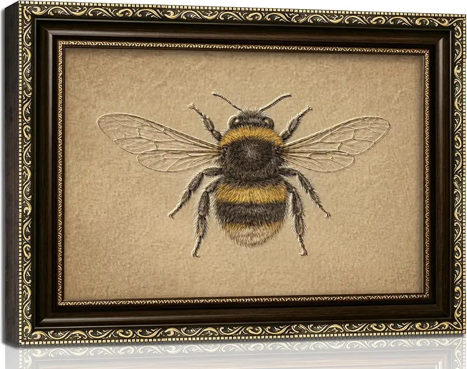 Vintage Framed 3D Texture Bumblebee Wall Art Botanical Insect Canvas Wall Decor Antique Natural History Painting Picture Rustic Bee Prints Artwork for Farmhouse Living Room Bedroom kitchen