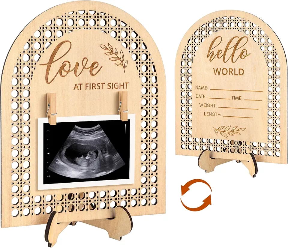 Blinking Stars Ultrasound Picture Frame, Double-Sided Rattan Arch Wooden Sign For Pregnancy Or Birth Announcement Baby Reveal- Nursery Decor Sonogram Photo Frame, New Mom Expecting Parents Gifts