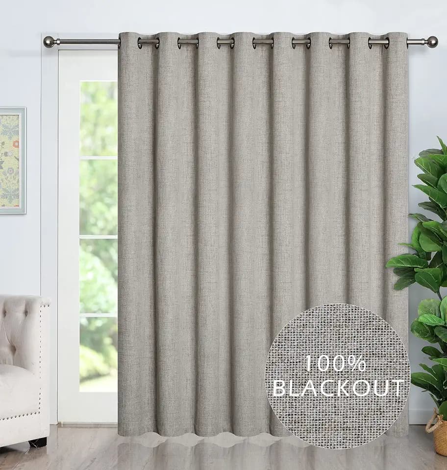 100% Blackout Sliding Door Curtain, Primitive Linen Look Room Divider Panel, Thermal Insulated Extra Wide Patio Glass Door Curtain (1 Panel,100 x 95, Natural Color)