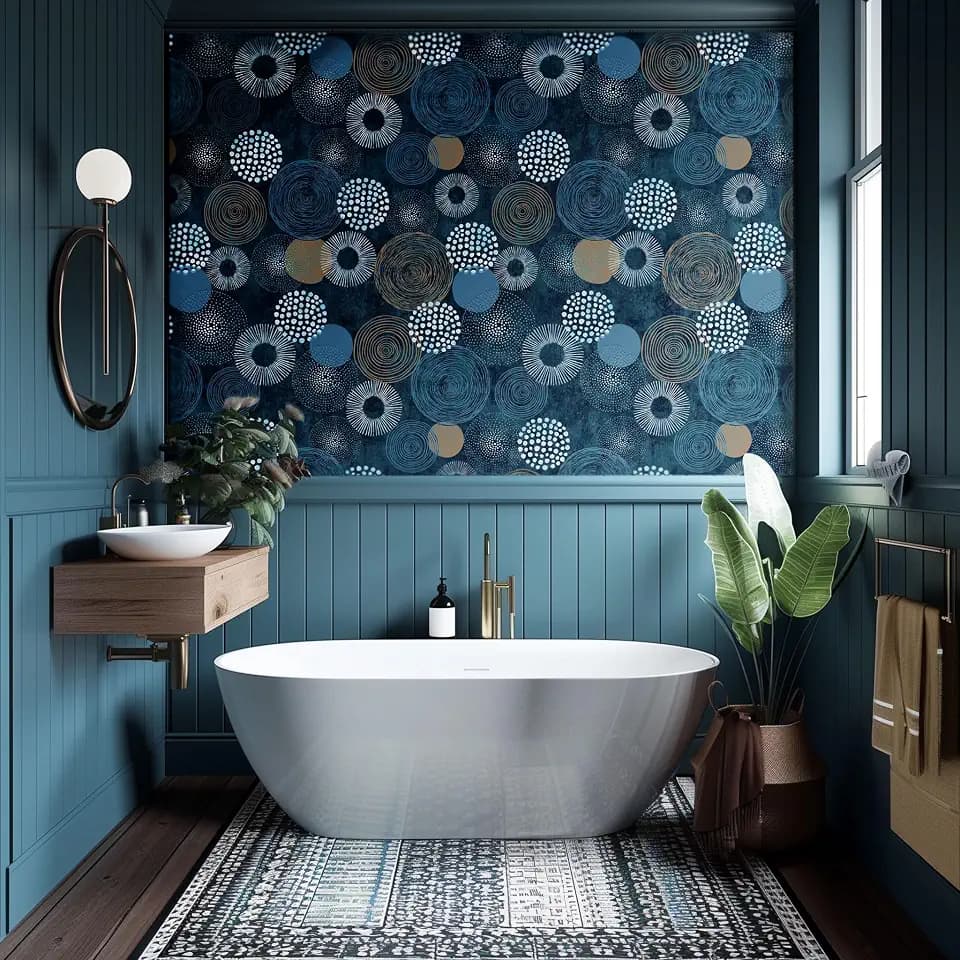AMUGISH Mid-Century Boho Peel and Stick Wallpaper Mural, Blue Pattern Retro