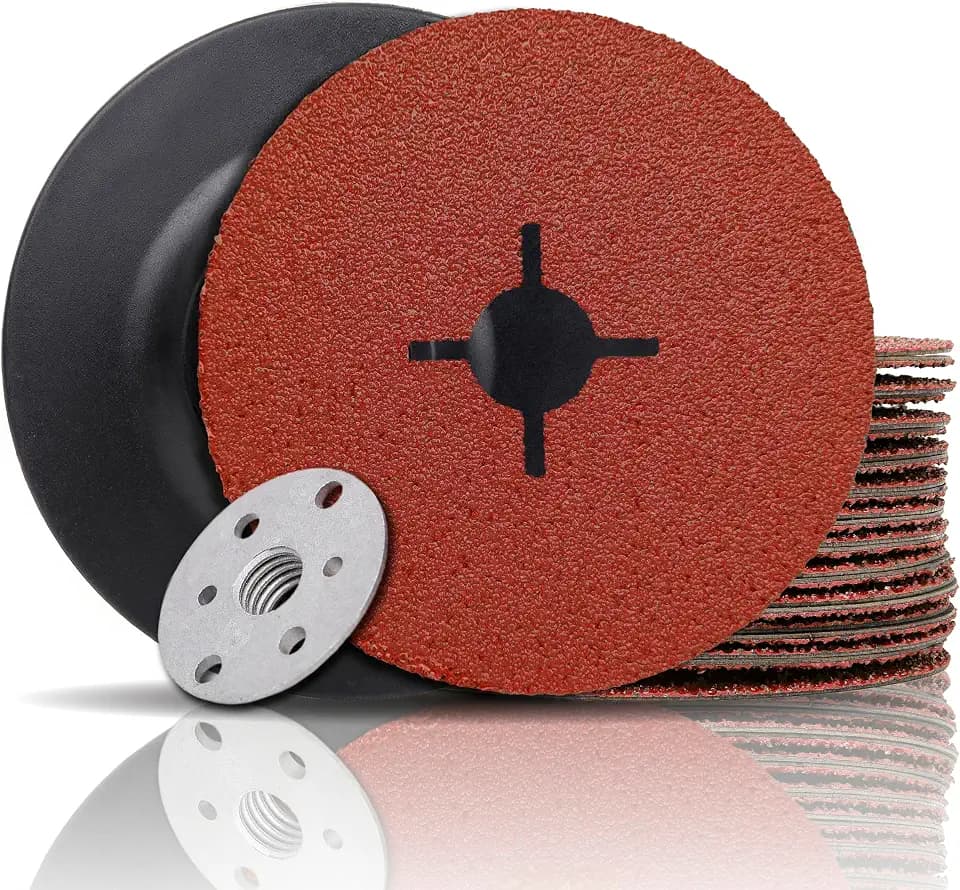 Aluminum Oxide Resin Fiber Sanding and Grinding Discs for Angle Grinder, 5” x 7/8”, 60 Grit, 25-Pack + Backing Pad + Lock Nut