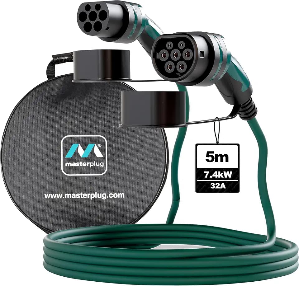 Masterplug Mode 3 EV Schnellladekabel mit Tragetasche, Elektro- und Plug-in-Hybridfahrzeug Typ-2-zu Typ-2-Ladekabel, Einphasiger, 5 Meter Kabel, 7,4kW, 32A, EVC22325SL-CASE