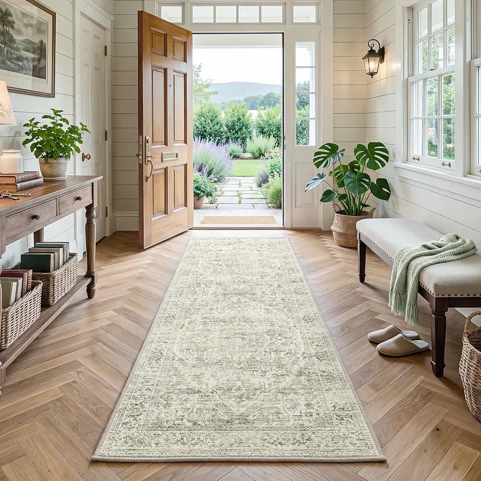 FMFUNCTEX 2x6 Hallway Runner Rug Washable Green Neutral Oriental Distressed