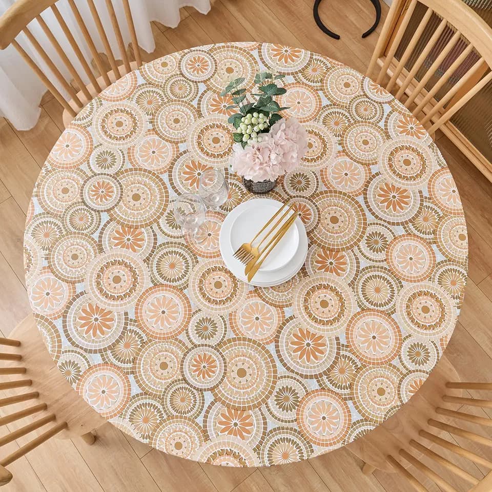 LIBERECOO Round Fitted Tablecloth with Elastic, Flannel Backed Vinyl Tablecloths for 40" - 44" Tables, Waterproof Wipeable Reusable Plastic Table Cloth for Indoor & Outdoor, Boho Sunburst Medallion