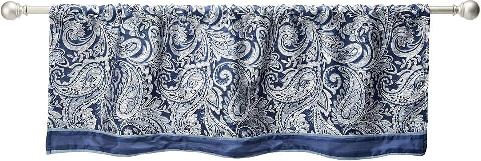 Madison Park Faux Silk Paisley Jacquard Valance, 1 Panel, 50x18 Navy