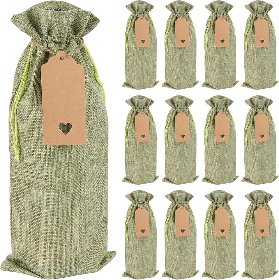 BUNCHBRAVO 12 Pack Burlap Wine Bags with Gift Tags and Jute Rope, Rustic Drawstring Wine Bottle Bags for Weddings, Parties, and Holidays, Sage Green