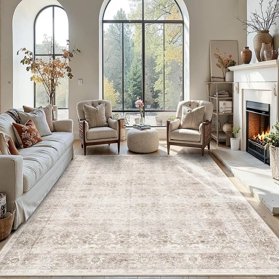 9x12 Washable Area Rug Neutral Beige Vintage Rug for Living Room Bedroom