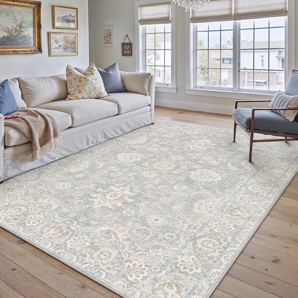 5x7 Blue Cream Neutral Area Rug