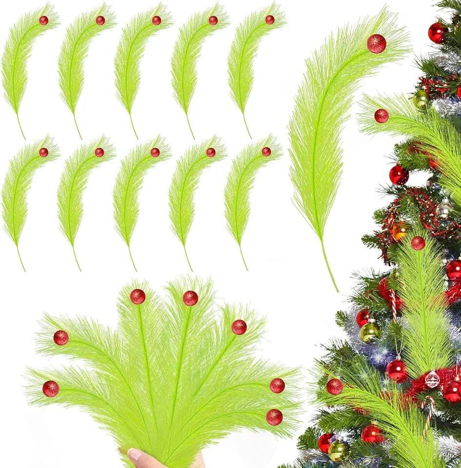 24 PCS Christmas Picks and Sprays, Christmas Tree Filler Green Curly Greenery Stems,Artificial Lime Green Stems with Red Ball for CraftsTree Decor,Home Decorations