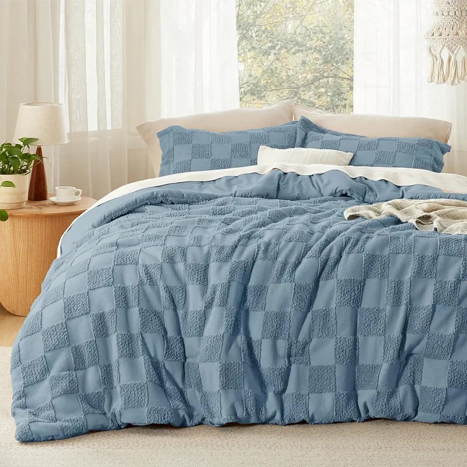 Bedsure Mineral Blue Comforter Queen Set, Boho Soft Plaid Bedding Set 3 Pcs