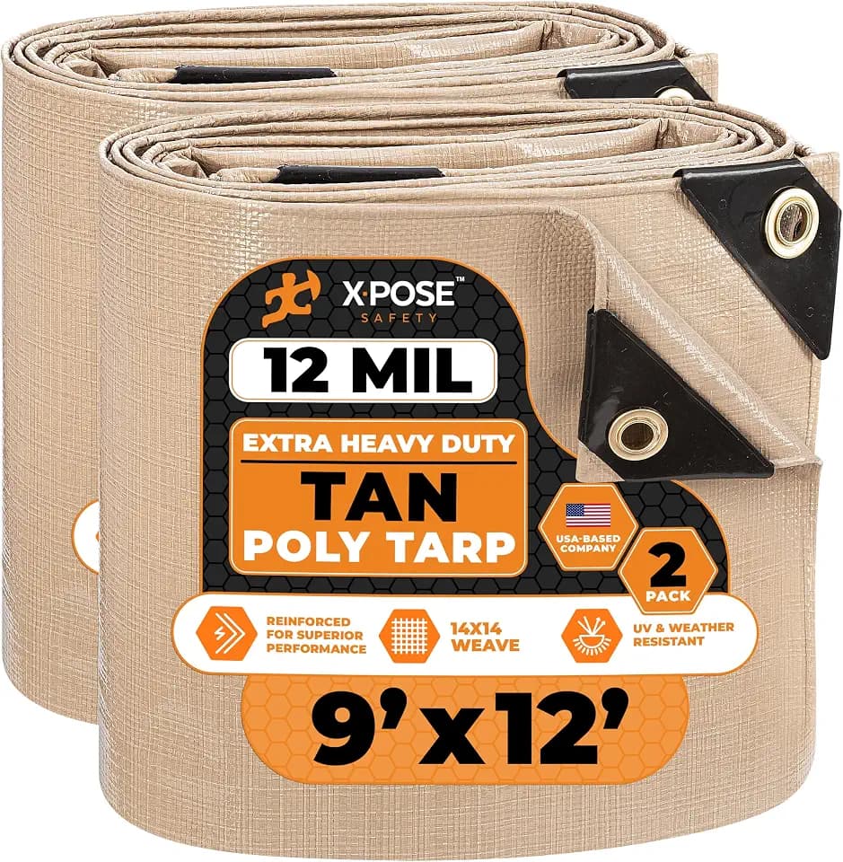 Heavy Duty Tan Poly Tarp 9' X 12' (2-Pack) - Multipurpose Protective Cover - Durable, Waterproof, Weather Proof, Rip and Tear Resistant - Extra Thick 12 Mil Polyethylene - by Xpose Safety