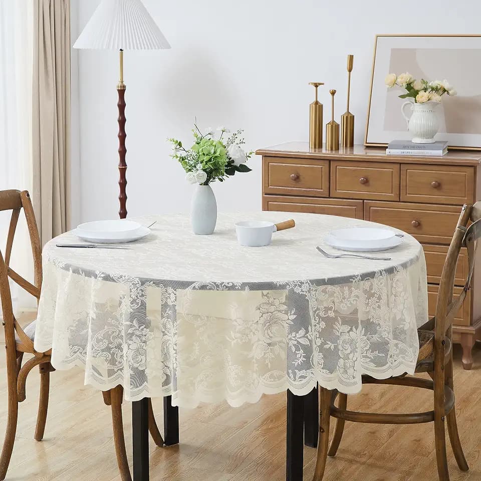 LinenZone Beautiful 120 Round Ivory Lace Tablecloth. (Luna TC 120 R, Ivory)