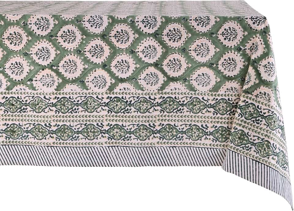 ATOSII Kari Green 100% Cotton Square Boho Summer Tablecloth, Block Print Floral Table Cloth Linen for Dining, Parties, Wedding, Outdoors Home Decor 60 X 60 Inches I 4 Seater I