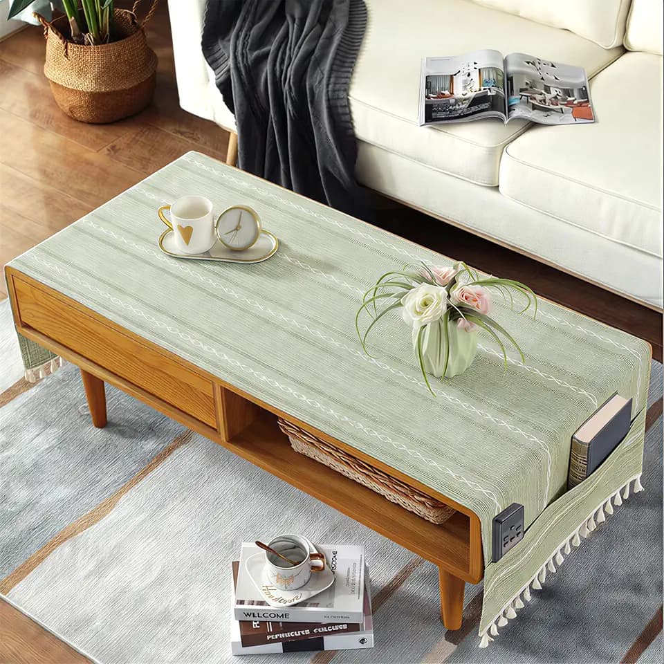 Coffee Table Cover with Pockets & Tassels, Sage Green Striped