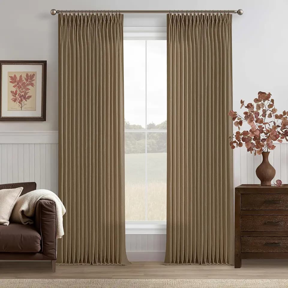 90 Inch Pinch Pleated Dark Brown Memory Shape Linen Semi Sheer Curtains 50W