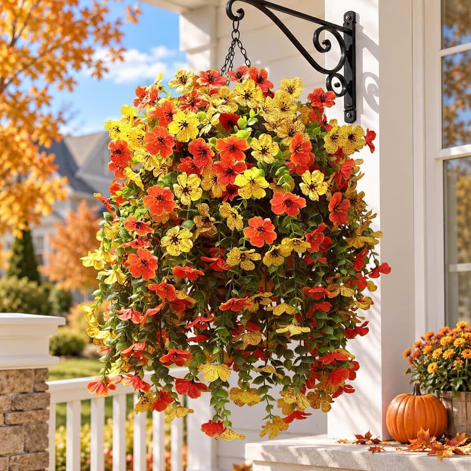 HyeFlora Artificial Hanging Flowers Basket for Fall Outdoor