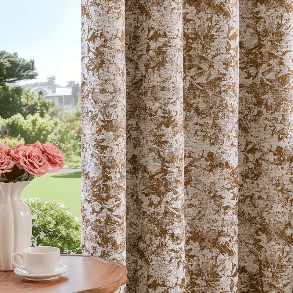 Beauoop Brown Floral Jacquard Blackout Curtains for Bedroom 52x84 2 Panels