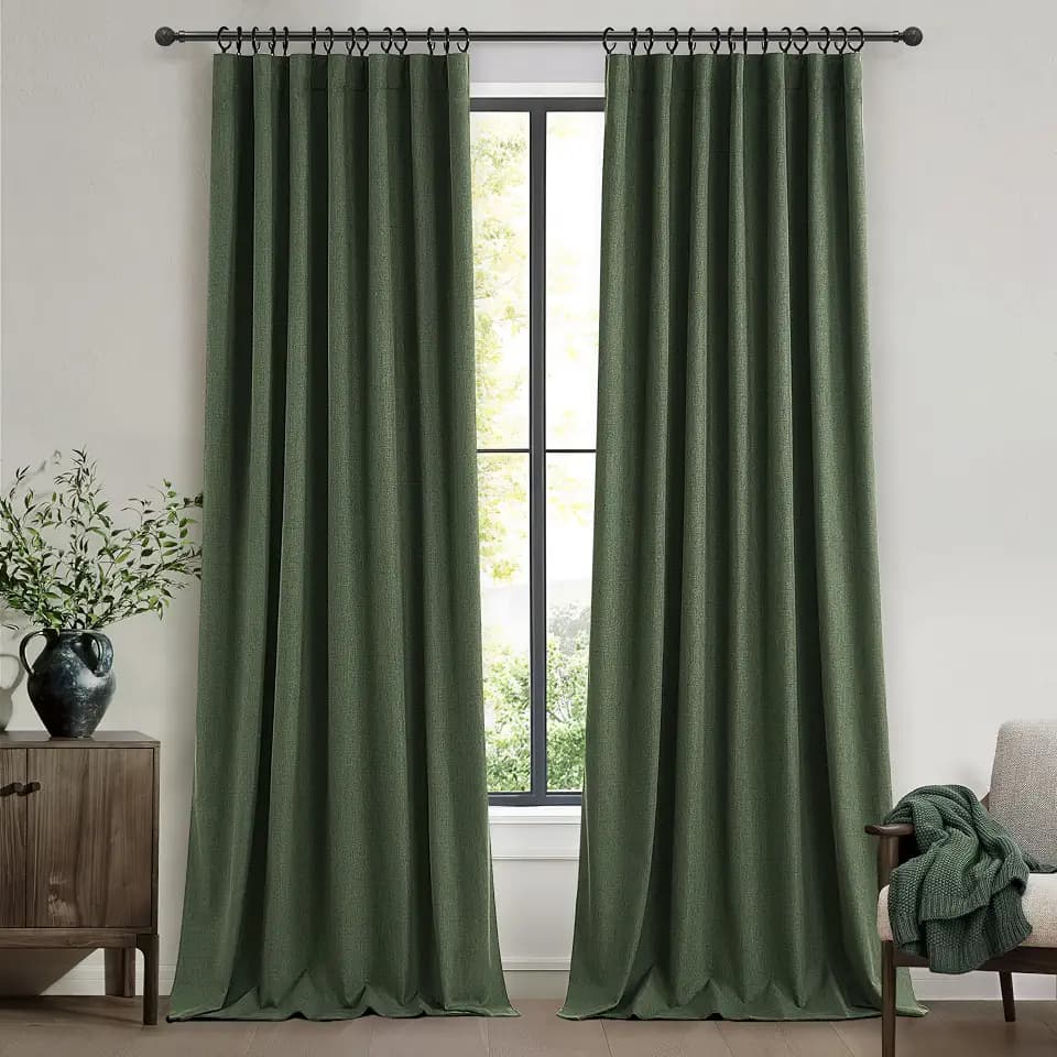 QJmydeco Dark Green Curtains 84 Inches Long, Blackout Spring Curtains for Living Room Cooling Heat Reflective Linen Look Vintage Drapes for Bedroom Back Tab Pleated (Olive,2Panels W50 xL84)