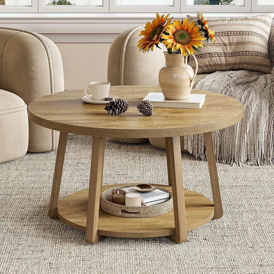 LITTLE TREE Round Coffee Table, 2-Tier Center Table with Storage