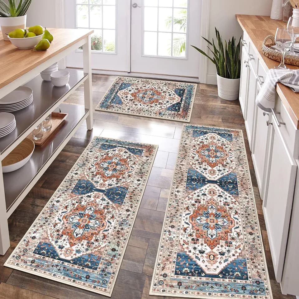 HEBE Boho Kitchen Rugs Set of 3, Non Slip Washable Kitchen Mats for Floor