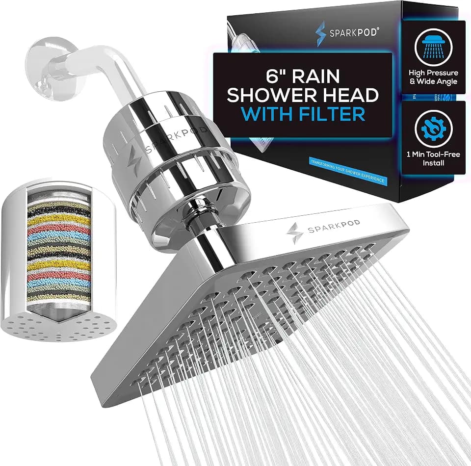 SparkPod Filtered Shower Head, 23-Stage, 6" Square, Polished Chrome