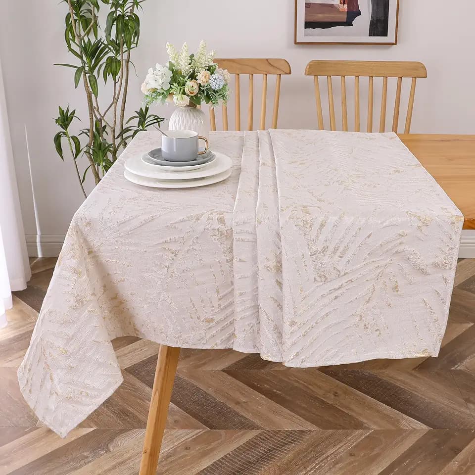 Majestic Giftware Polyester Tablecloths for Rectangle Tables | (70/144) - TC1382 Jacquard Leaves - Gold Hem Stitch Dining Table Cover | Decorative Washable Tablecloth for Kitchen & Dining