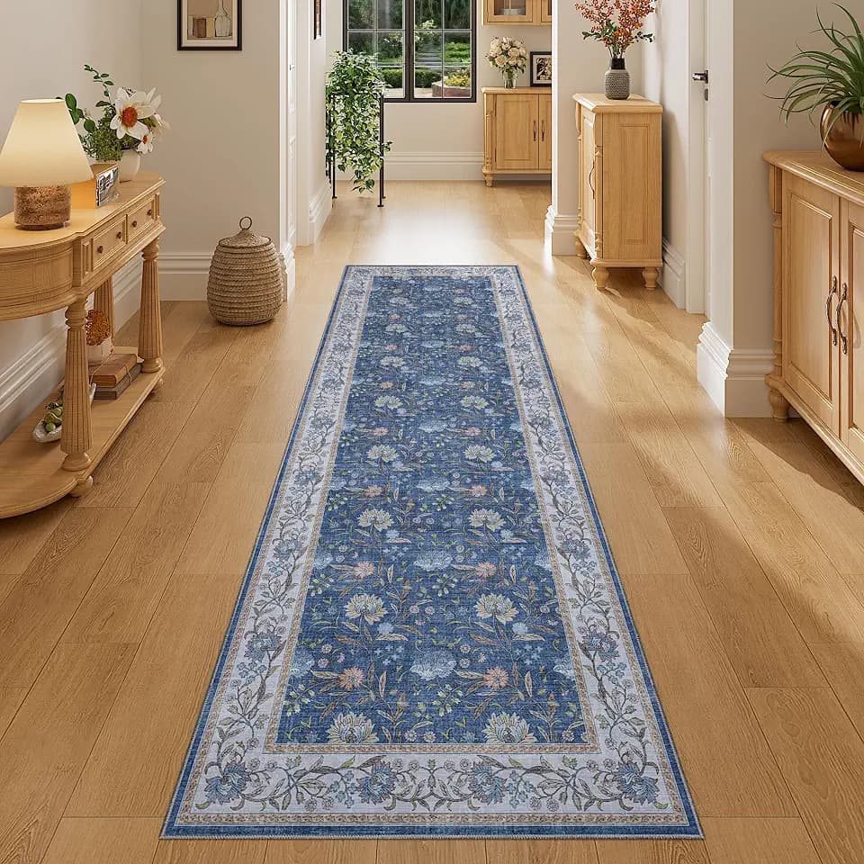 DUKINO 2x6 Runner Rug, Washable Vintage Floral Kitchen Rug, Sky Blue