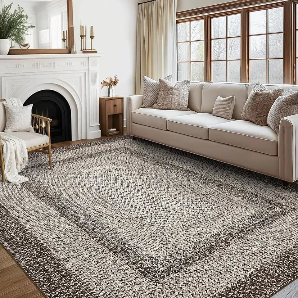 GAOMON Rugs for Living Room 8x10 Boho Printed Washable Rug Modern Braided Area Rugs for Bedroom Non Slip Low Pile Accent Carpet Foldable Non-Shedding Floor Cover for Farmhouse Home Office Tan