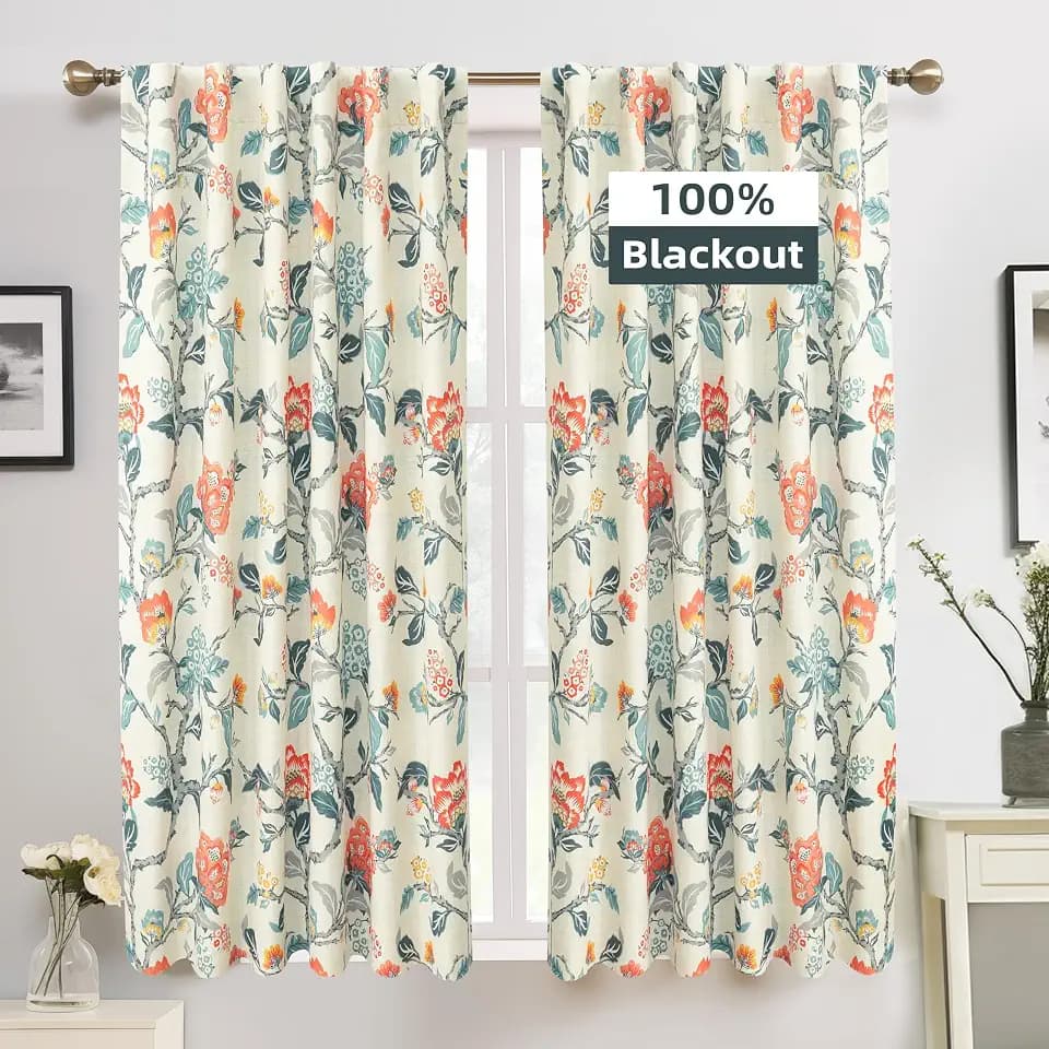 DriftAway Ada Floral Botanical Print Flower Leaf Lined Thermal Insulated Room Darkening Blackout Window Curtains 2 Layers Set of 2 Panels Each 52 Inch by 54 Inch Orange Teal Beige Linen