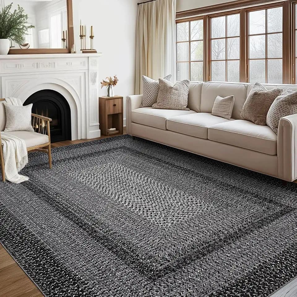 GAOMON Braided Collection Area Rug 5x7 Modern Rug Washable Rugs Navy Vintage Country Cottage Floor Carpet Low Pile Non Slip Indoor Throw Carpet for Living Room Bedroom Non-Shedding Aesthetic Charcoal