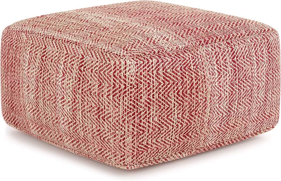 SIMPLIHOME Nate 20" Wide Square Pouf in Red Handwoven Cotton