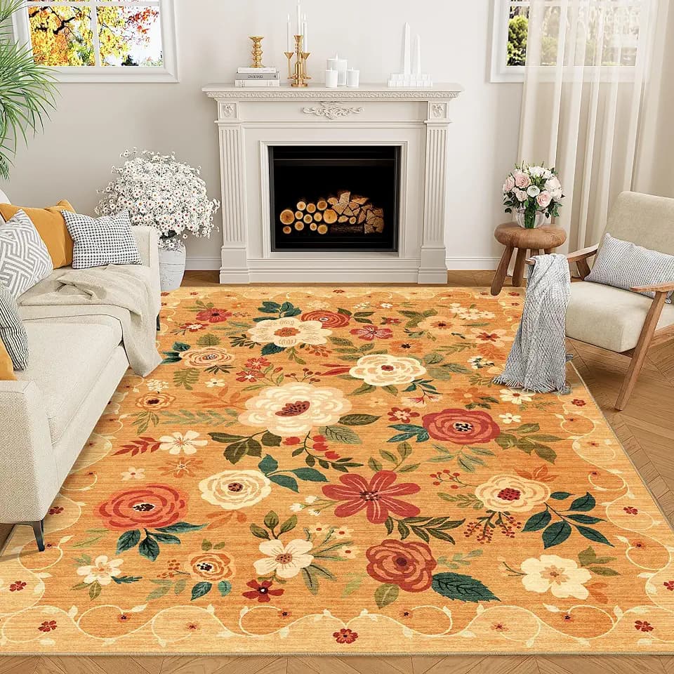 DUKINO 5x7 Area Rugs, Floral Washable Rug for Living Room Non Slip, Orange