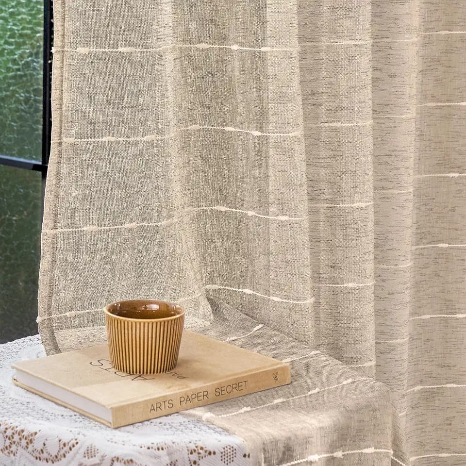 Taupe Sheer Curtains 63 Inches for Living Room Faux Linen 2 Panels