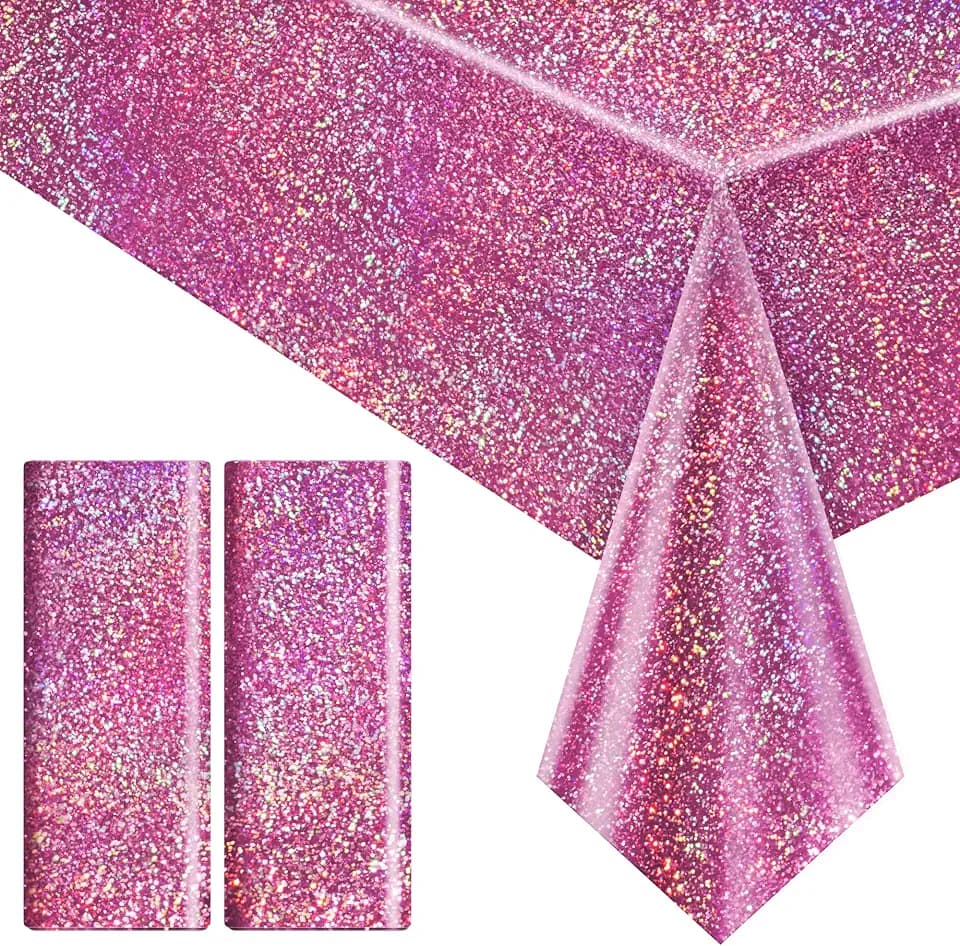 2 Pack Pink Holographic Tablecloths 40x108", Iridescent Plastic Table Covers for Rectangle Tables, Disposable Shiny Party Tablecloth for Girls Birthday, Laser Theme Bachelorette, Baby Shower, Wedding